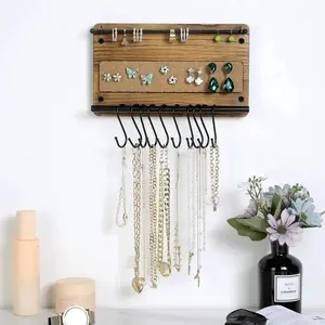 Wall Mounted Jewelry Organizer, Burnt Wood and Black Metal Necklace Holder, Bracelet, Earring Display Rack with S-Hooks
