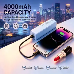 1pc 4000mah Emergency Power Bank, Portable Mobile Charger with Cable, Compatible with iPhone 11-16 Series, Samsung, Xiaomi Phones