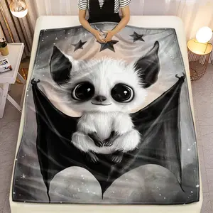 1pc Cute Bat Blanket - Soft Flannel Fabric 280gsm All-Season Cozy Throw with Adorable Bat & Bats Print, Lightweight Warm Bedding for Bed, Sofa, Travel, Camping - Charming Gothic Home Decor in Black & White (Digital Printed) - Perfect for Bat Lovers &