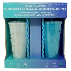 Parker Lane Color Changing Cold Cups 2 Pack 22 oz BPA-Free Plastic Tumblers with Blue Straws Beach & Nautical Themes Stylish Portable Reusable Drinkware Set