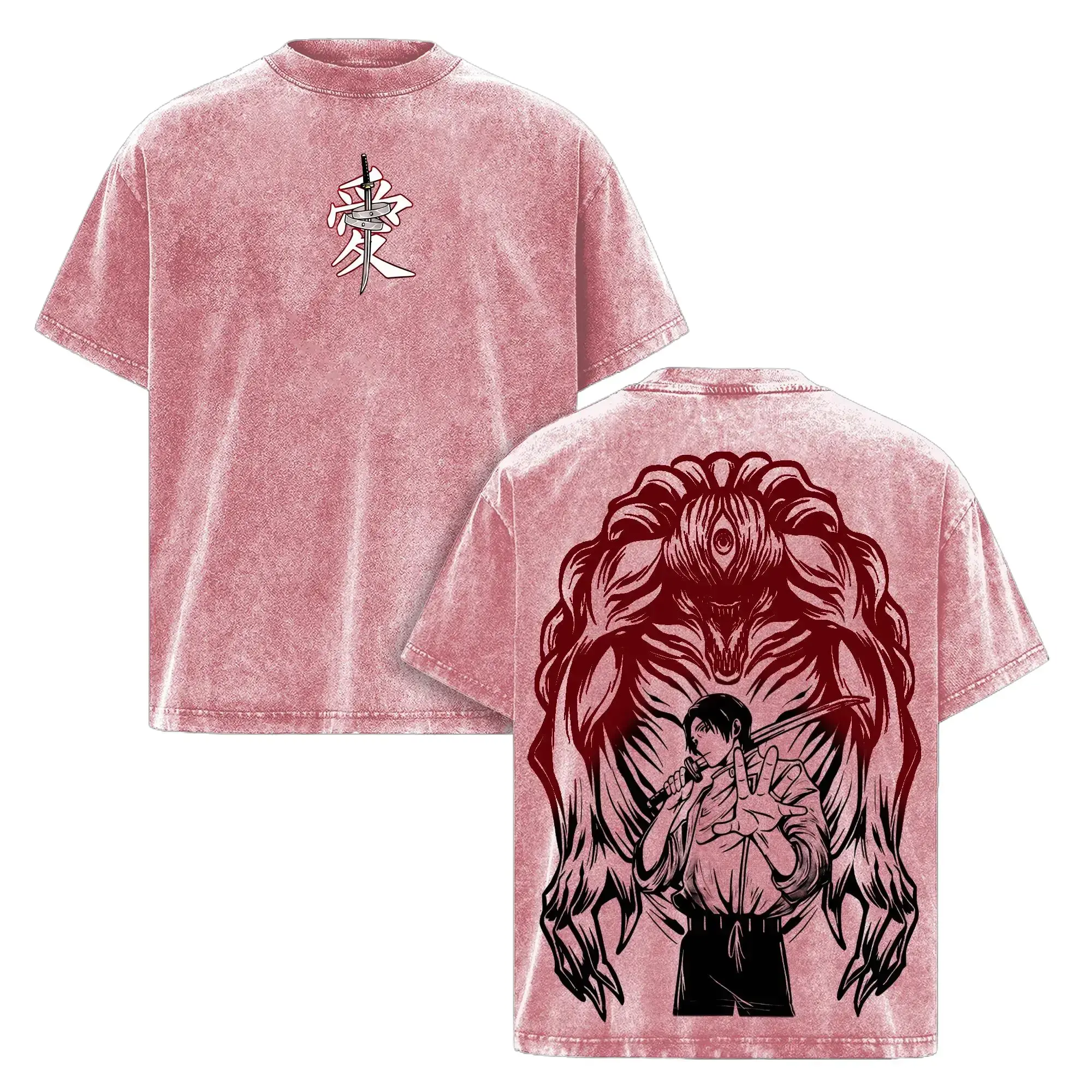 Women's Short-Sleeve Round-Neck Valentine Jujutsu Kaisen Yuta Vintage Washed Cotton Graphic Oversized Streetwear T-Shirt - Unisex Manga Fan Gift Top, Shortsleeve
