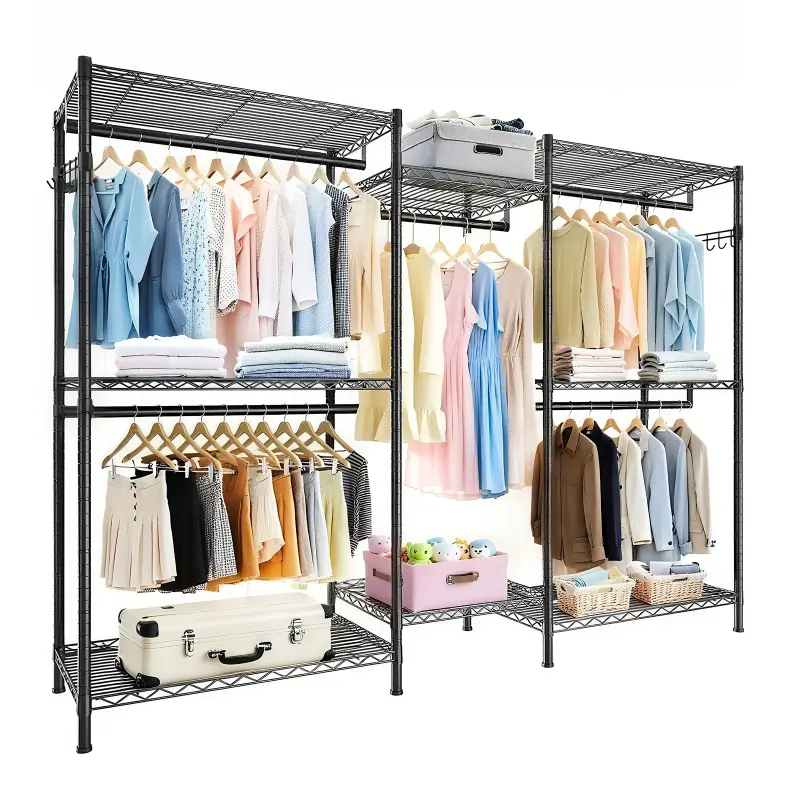 Clothes Rack Heavy Duty Garment Rack, Freestanding Closet Organizer, Portable Wardrobe Clothes Rack, Adjustable Wire Shelving Clothes Rack with 8 Adjustable Wire Shelves and 5 Clothes Rails, Black
