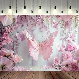 2D Flat 1pc Large Magic Butterfly Garden Backdrop Banner with Bright Pink & White Butterflies & Floral Patterns - Large Suitable for Photo Booths Birthdays Weddings Showers Indoor/Outdoor Party Decorations - Durable Polyester Fabric Wall Hanging