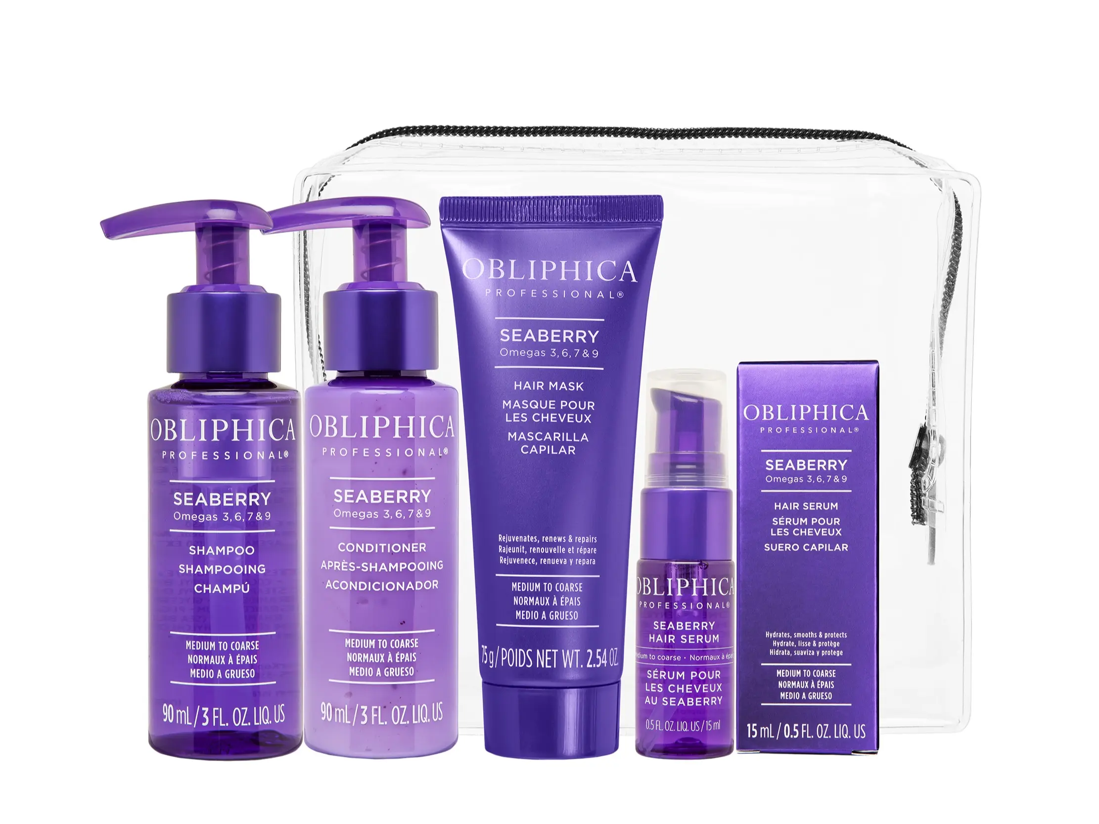 Obliphica Seaberry Travel Set for Thick Hair - 4PC TSA-Approved Kit with Shampoo Conditioner Mask & Serum for Smooth Strengthened Frizz-Free Hair Care