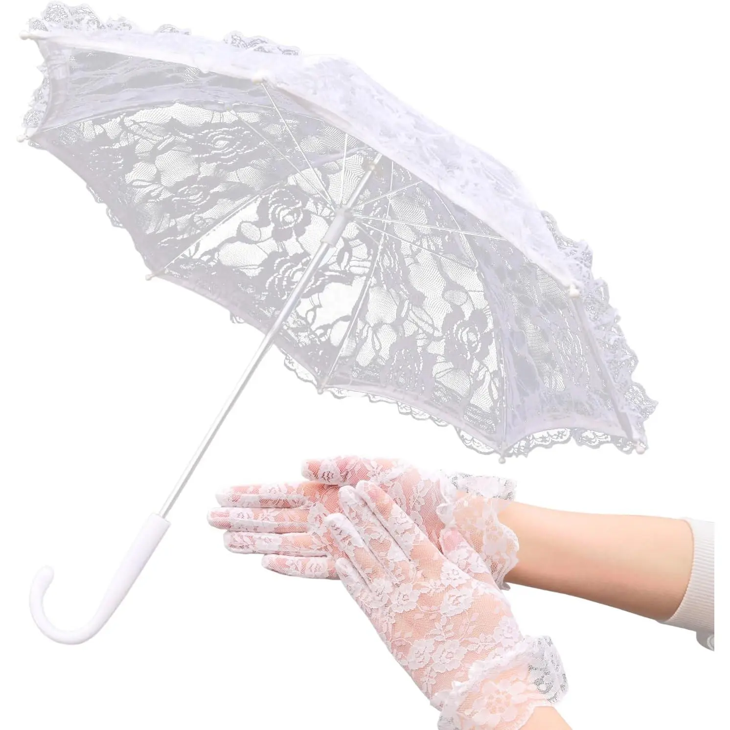 Mini White/Pink Lace Parasol with Floral Gloves, Vintage Lace Umbrella for Wedding Decor, Tea Party & Photography Props
