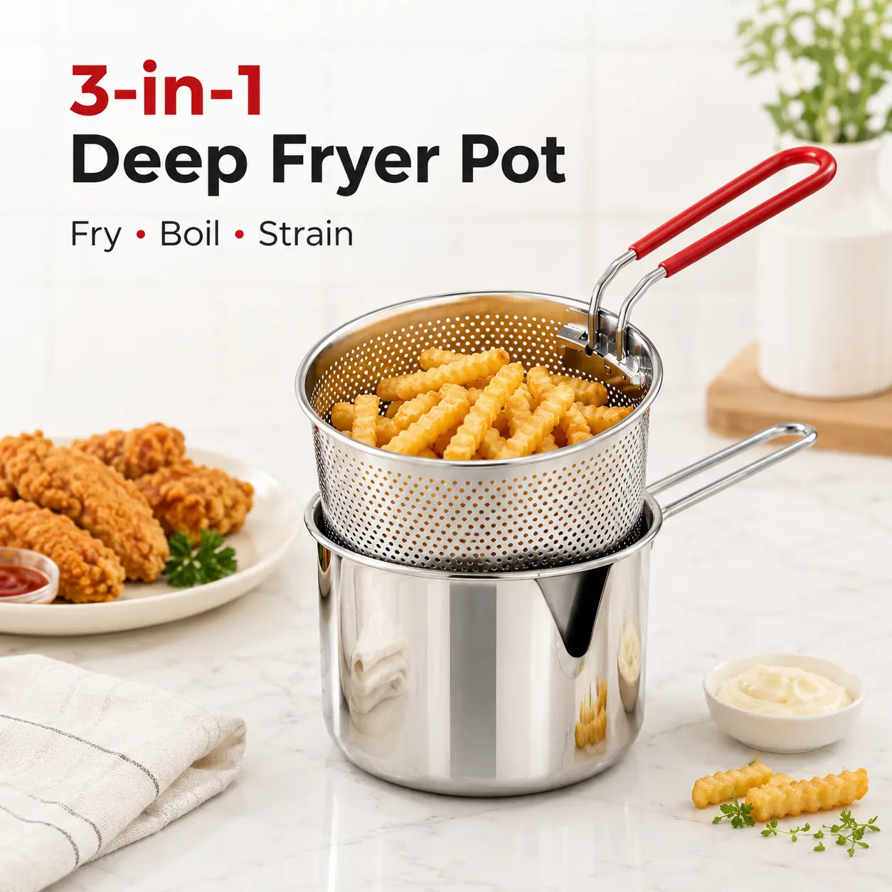 Stainless Steel Deep Fryer Set - 5.12*4.72in 1-Person Mini Pot with Fry Pot, Filter Basket & Food Clip, Rust-Resistant Portable Cookware for Home Kitchen Chips, Chicken Wings