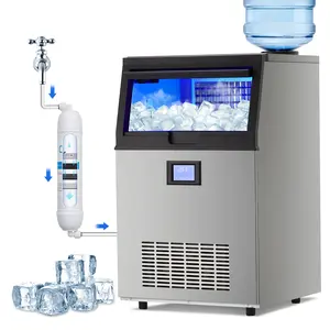 100lbs/24H Commercial Ice Maker Machine with 33 lbs Storage Capacity, 50 Cubes in 8-15min, 2 Water Inlet Modes – Freestanding Stainless Steel for Restaurant, Bar, Home, Office – Includes Water Filter & Scoop