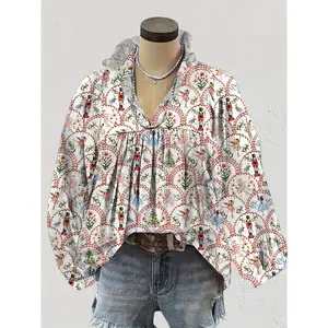 Vintage-Inspired Christmas Nutcracker Print V-Neck Blouse with Lantern Sleeves - Casual Long Sleeve Top for Women Polyester Fitted Shirts Womenswear Fabric
