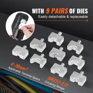 Crimping Tool with 9 Sets of Dies Copper And Aluminum Terminal Battery Lug Crimper, with a Cutting Pliers, Gloves, 10pcs Copper Ring Connectors, 8pcs Heat Shrink Sleeves