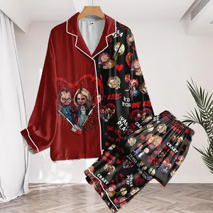 Valentine Chuckyy Movie Long Pajamas Set, Horror Couple With Blood Heart Loungewear, Scary Killer Doll For Halloween, Spooky Unisex Sleepwear_DTNL