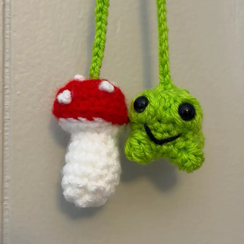 Hand Crocheted Bookmark/Car hanger/Bag Tie-on - Frog and Mushroom.
