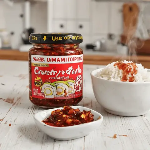 S&B Japanese Umami Crispy Garlic Chili Oil - Savory Garlic Rice Topping Sauce, Spicy Flavor, 110g, Perfect for Chicken, Sushi, Pasta, Salads, Noodles, Tofu, and More - Chilioil