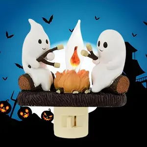 Hand Made Ghost Campfire Flickering Nightlight-Indoor Decorations,3D LED Small Electric Faux Campfire Night Light，2025 Ghost Roasting At Campfire Nightlight, Faux Campfire Night Light Plug into Wall,Spooky Fire Marshmallow Night Light Halloween Gifts