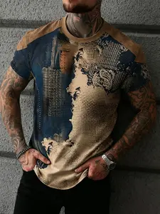 Y2K Punk Rock Patchwork Paisley Print Round Neck T-Shirt, Vintage Washed 3D Pattern, Streetwear, Casual Short Sleeve Top, Alternative Style