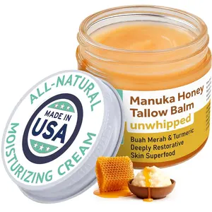 Manuka Honey Unwhipped Tallow Balm – Handmade Grass-Fed Beef Tallow with Frankincense, Vitamin E, Castor Oil, Buah Merah & Turmeric – Hydrates & Nourishes Skin for Men, Women & Kids – 2oz Glass Jar