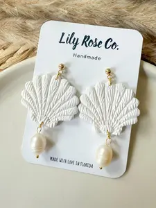 Lily Rose Co. White Shimmer Shells With Pearls Handmade Polymer Clay Earrings Stainless Steel Hypoallergenic Made in Florida