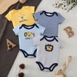 4pcs Newborn Baby Romper 100% Cotton Infant Cute Animal Print Bodysuit Short Sleeve Toddler Outfit for Boys Girls 0-12 Months Baby Boy Clothes Baby Clothing