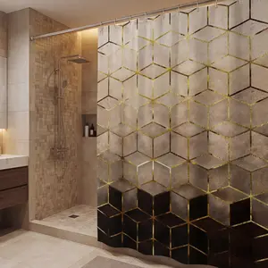 4Pcs Brown Gradient Shower Curtain Set, Modern Decorative Geometric Shower Curtain Set Golden Cubic Lines Bathroom Set Texture Art Bath Accessories with Mats, Bathroom Decoration Accessories