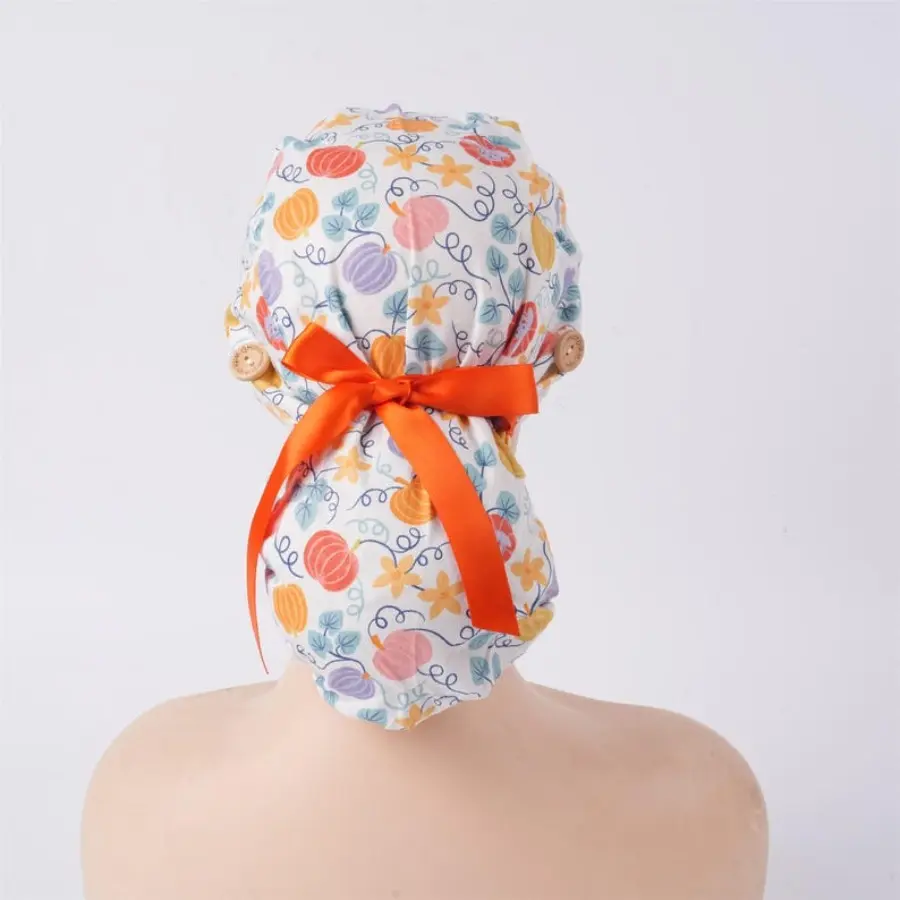 Colorful Pumpkin Printed Ponytail Scrub Caps for Long Hair, Stretch Surgical Scrub Hat with Forehead Sweatband, Adjustable Vet/Nursing Cap