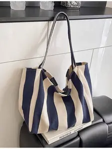 Vintage Fashion Striped Canvas Tote Bag Korean Style Casual Large Capacity Women's Shoulder Bag Travel Vacation School Supplies Backpack Lightweight Foldable Classic for Teen Girls College Students Ba
