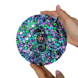 I. Marie Design Sea Horse Blue & Purple Sequins Wooden Circle Handmade