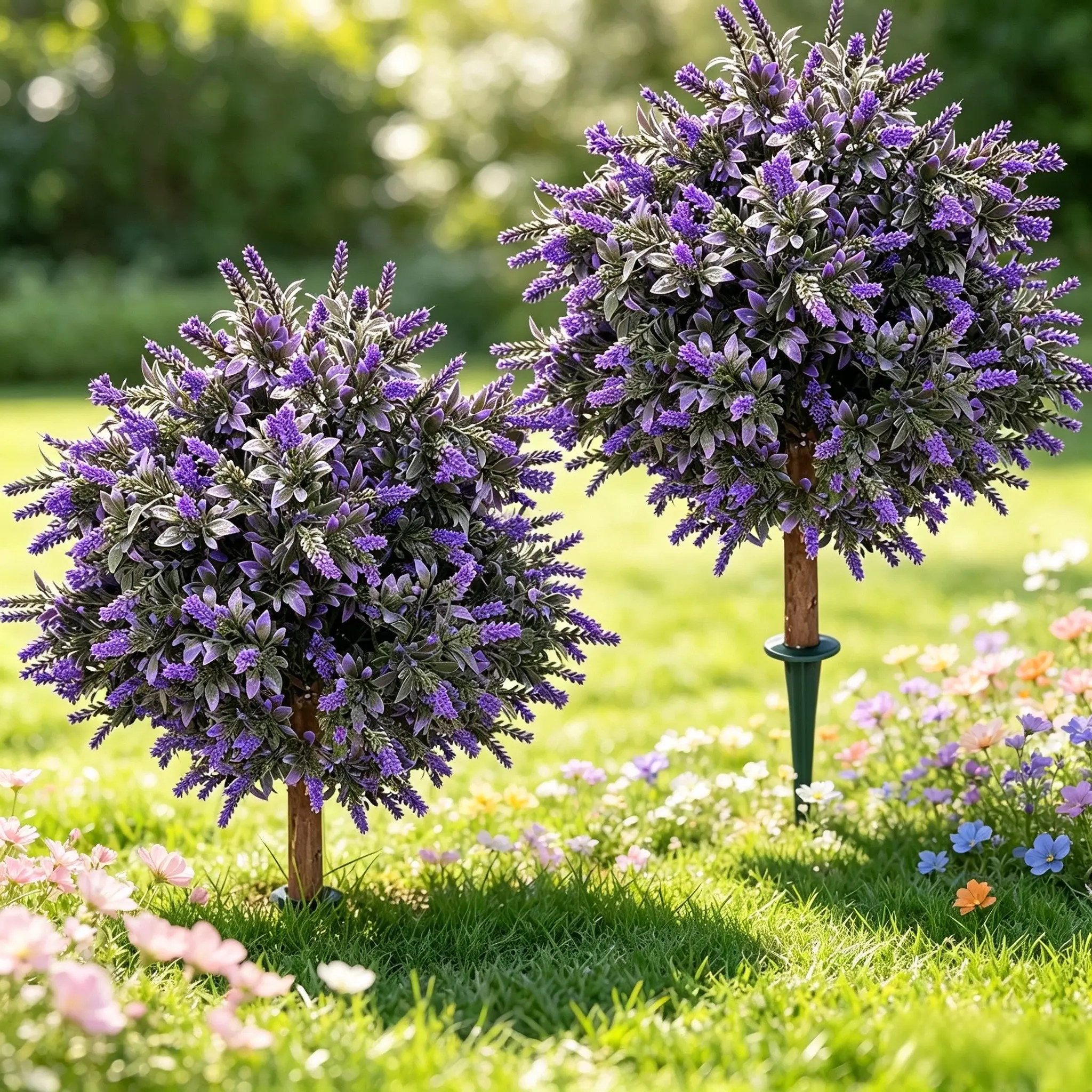 Artificial Lavender Topiary Ball Tree 24" with Ground Spike, Set of 2 Artificial Boxwood Bushes for Faux Shrubs, Fake Evergreen Faux Plant for Indoor Outdoor Porch Garden -UV Resistant–Fade-Proof