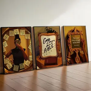 Christian Black Girl 3-Piece Artistic Photo Set - Premium Paper Vintage Letter Print Wall Decoration, Hand-Designed Scripture Graphics, Included Tape for Room Decor