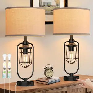 24" Farmhouse Table Lamps for Living Room Set of 2, Black Rustic Lamps for Night Stands with USB Ports, Industrial Bedside Lamp for Bedroom End Tables, Bulbs Included