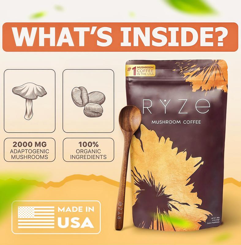 RYZE Mushroom Coffee USDA Organic with 6 Adaptogenic Mushrooms and MCT Oil SQ, USA Grown Instant Coffee for Better Energy, Focus,Digestion, lmmunity with Turkey Tail, Shiitake,Lion's Mane, 30 Servings