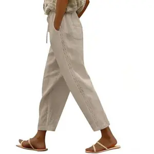 Linen Pants Women Breathable Drawstring Elastic Waist Capri with Lace Side Summer Casual Beach Trousers