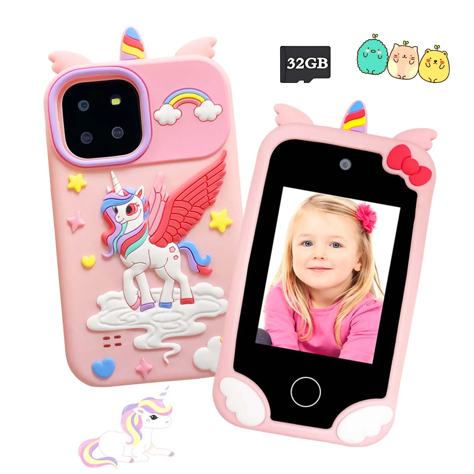 Upgraded Unicorn Kids Digital Toy Phone, 2.8 Inch IPS HD Touch Screen with Dual Camera, Games & Learning, Equipped with 32G Memory, Children Educational Toy Phone, Learning Tool, Christmas Birthday Gift for 3-12 Year Old Boys and Girls