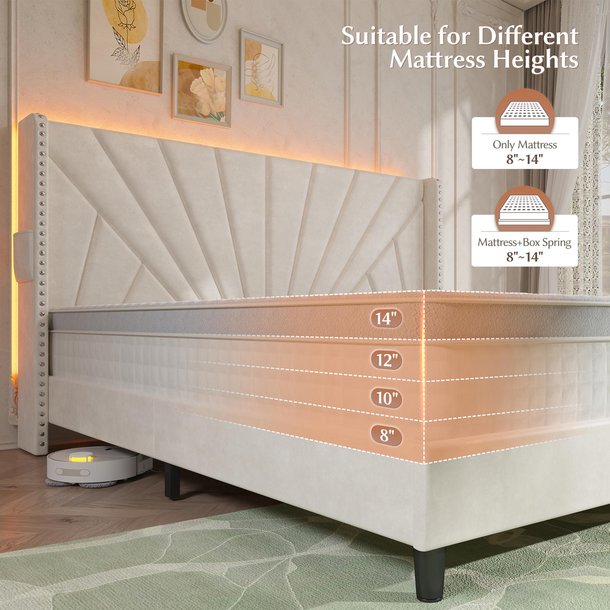 Solid Wood Queen/King Size Bed Frame with 51" Velvet Upholstered Headboard, up to 900 LBS Foundation with All Sturdy Metal Support,Headboard with Charging Station and LED Lights, Wingback Headboard, No Box Spring Needed, Noise-Free,Easy Assembly