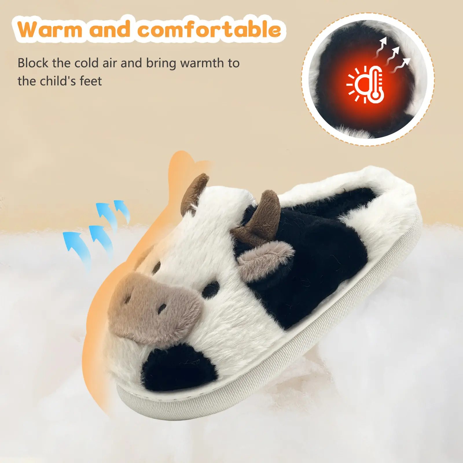 Kids' Cow Slippers Soft Fluffy Cartoon Animal Themed, Memory Foam Low Heel Slippers for Indoor & Outdoor Winter Warmth