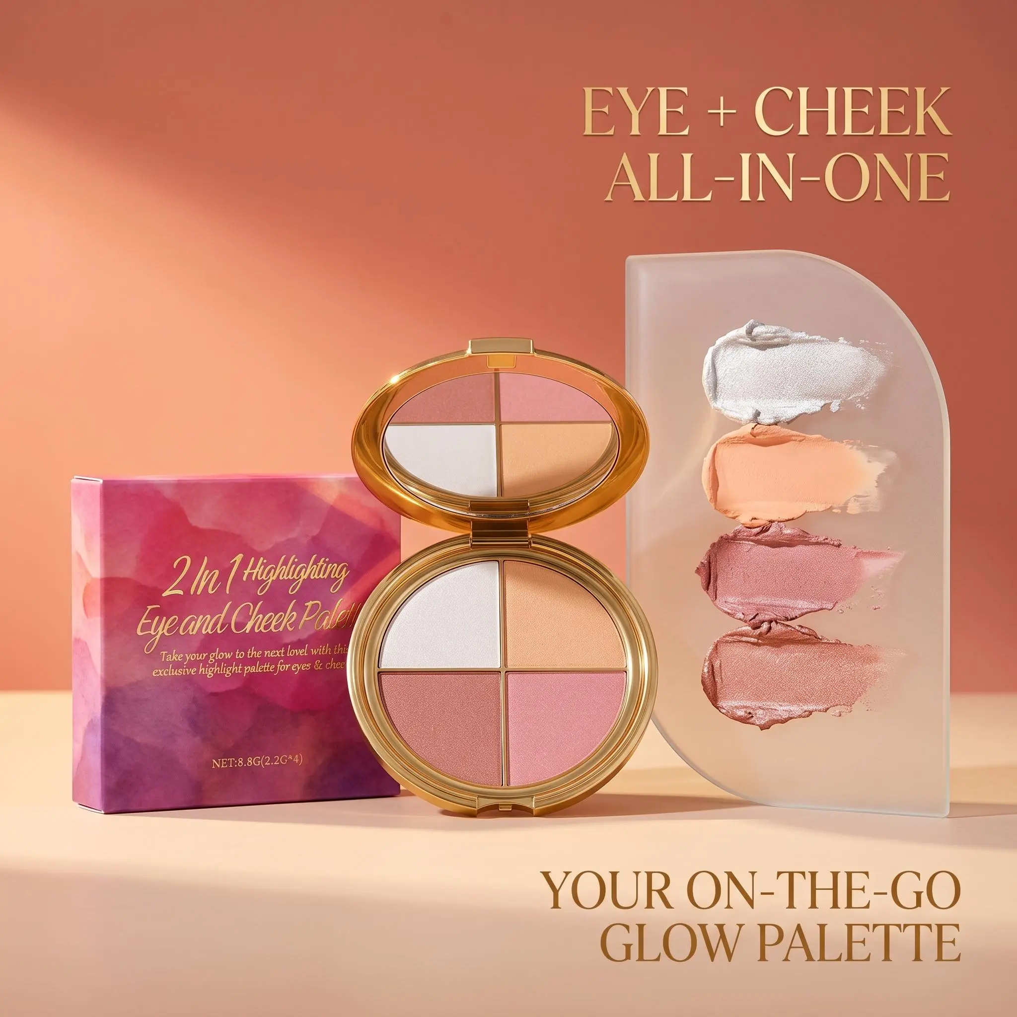 4-Color Shimmer Eye and Cheek Cosmetic Palette - Ultra-Blendable, Luminous Finish, Portable Eyeshadow, Highlighting Powder, Gold Compact, Duo-Chrome, All Skin Tones, Budget-Friendly Makeup Cosmetic Palette for Flawless Glow