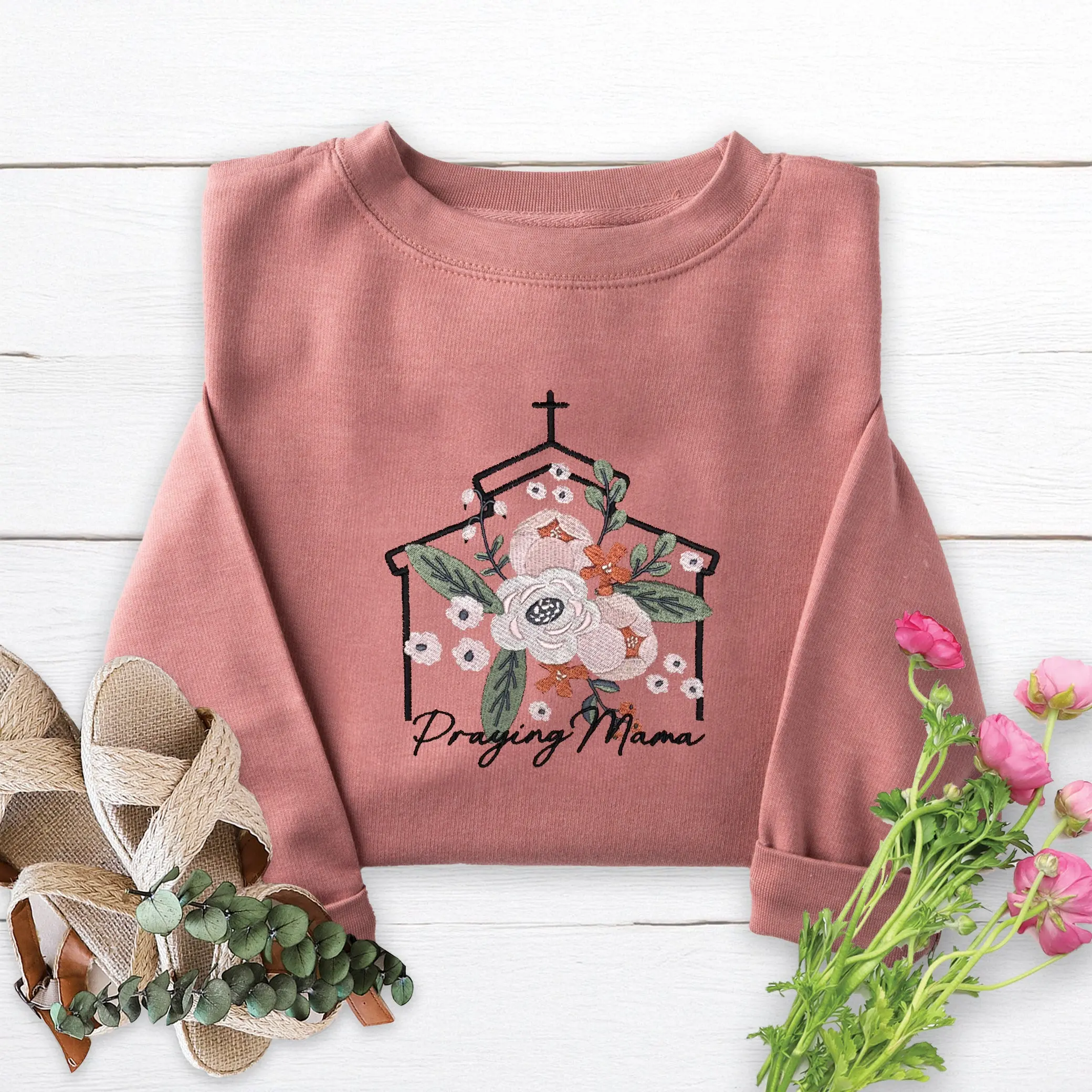 Praying Mama Embroidered Crewneck Sweatshirt