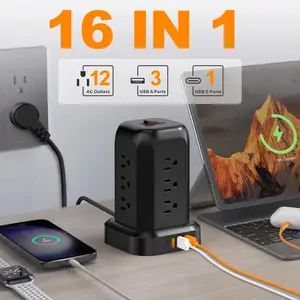 Power Strip Surge Protector with 12 Outlets and 3 USB Ports (1 USB-C), 5FT Extension Cord with Multiple Outlets,Heavy Duty Charging Station,Home Office Dorm Room Essentials. No Wireless Charging