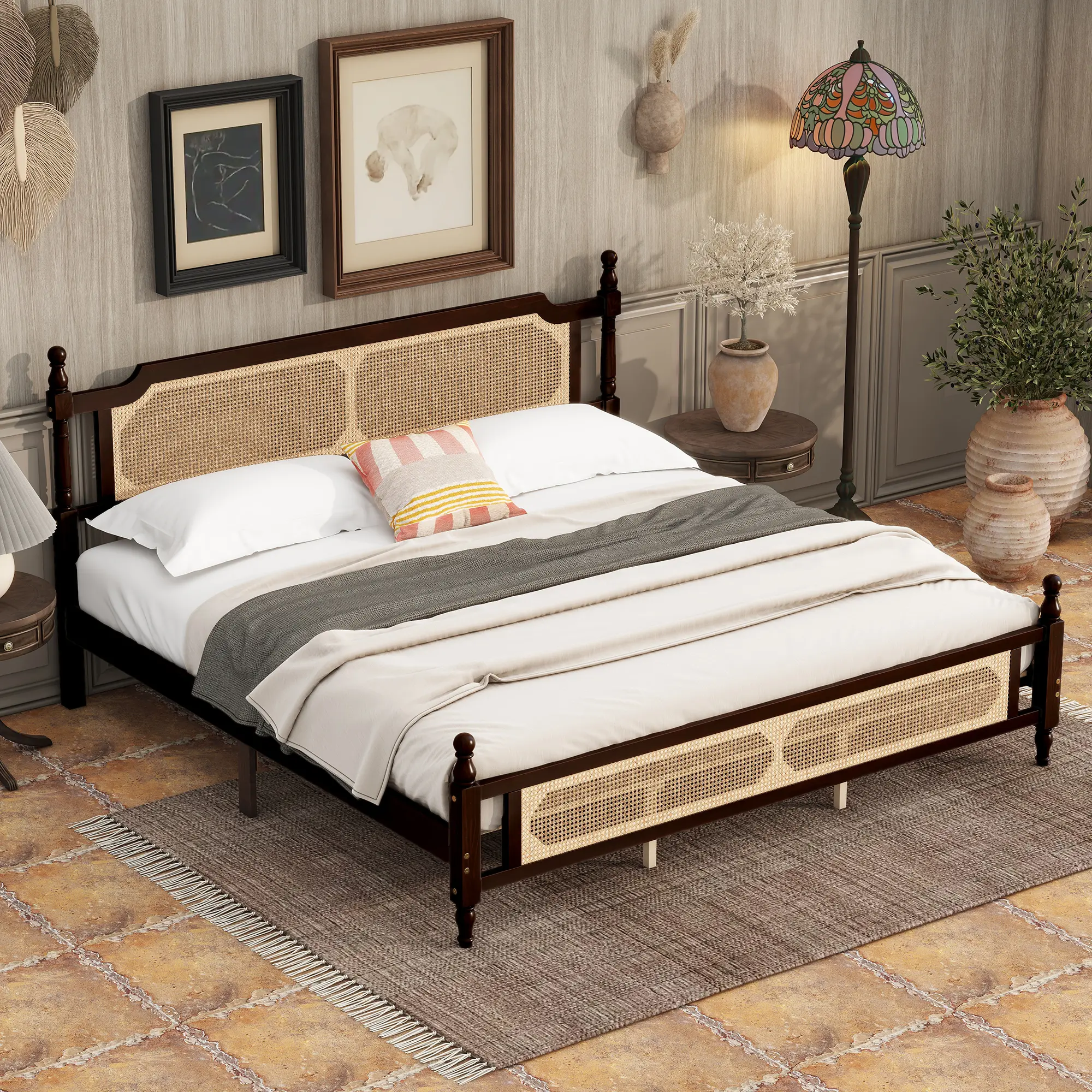 King Size Bed Frame, Wood Platform Bed with Rattan Headboard and Footboard, Antique King Bed Frame with Storage Underneath, No Box Spring Needed, Espresso