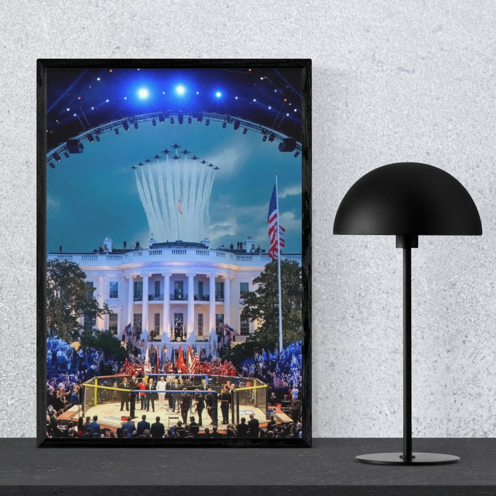 Unframed White House Flyover MMA Graphic Poster - Satin Tube, Hanging Home Decor for Patriotic Veteran Man Cave, USA Flag Fight Night Gift