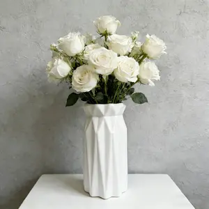 Matte White Plastic Vase Geometric Fluted Design Petal Mouth Modern Home Decor Centerpiece for Living Room Table Lightweight Durable Easy Clean Stylish Flower Vase Indoor Decoration Gift Home Decorative Vase