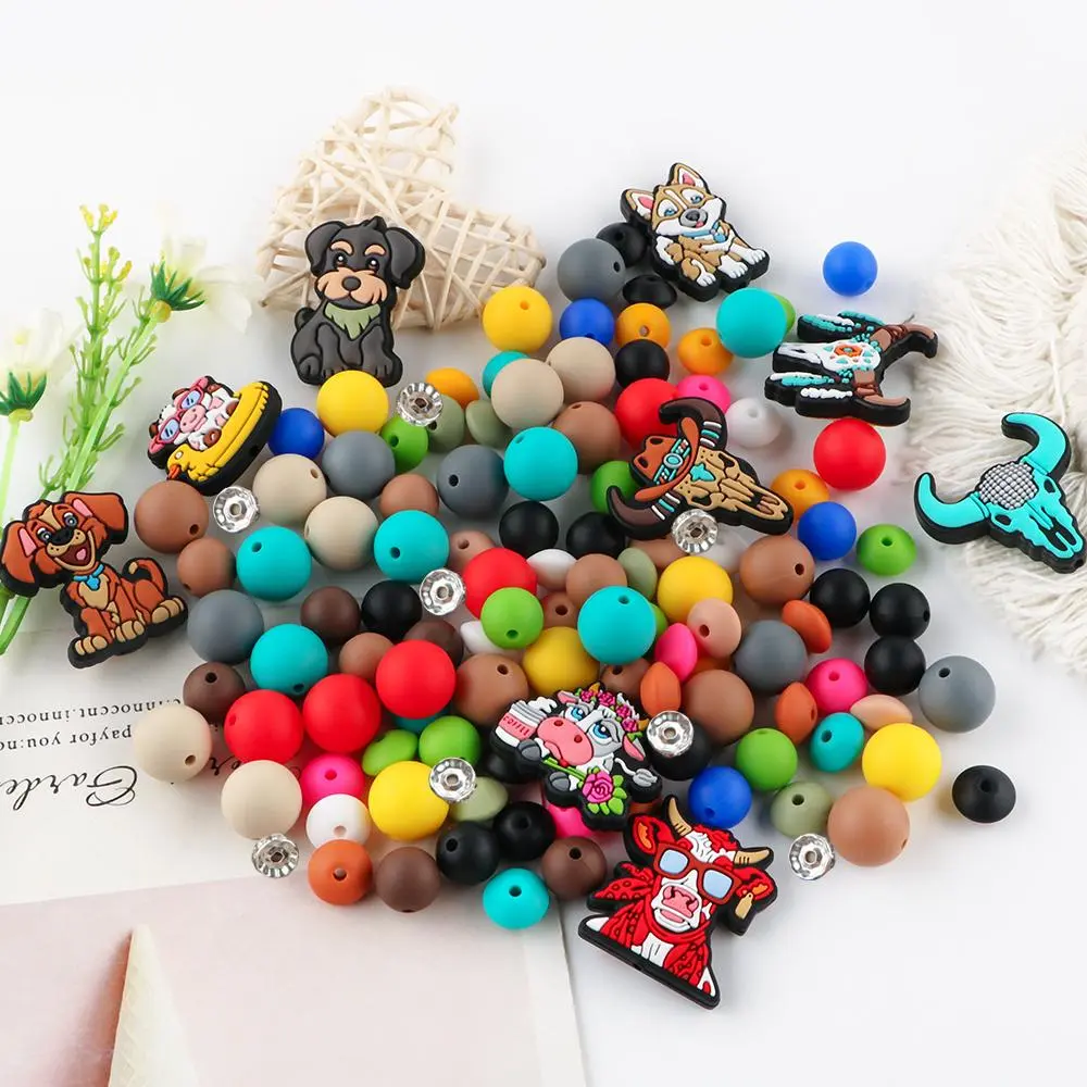 Animal Design Silicone Beads, 50pcs/set Cute Round Silicone Beads, Bulk Beads DIY Jewelry Making Supplies for Keychain, Pen, Bracelet, Necklace, DIY Beading Accessories, DIY Jewelry Decoration, Decorative Beads, Beads For Crafts, Craft Beads, DIY Bead Art