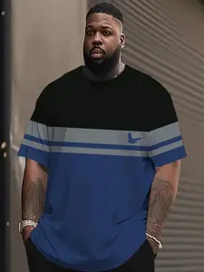 Men's Large Size Colorblock T-Shirt, Bird Graphic Tee, Summer Outdoor Casual Sportswear, Round Neck Short Sleeve, Plus Size