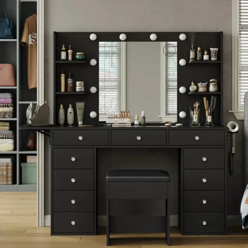 Vanity Set Led Lighted with Sliding Mirror Makeup Dressing Table 11 Drawer