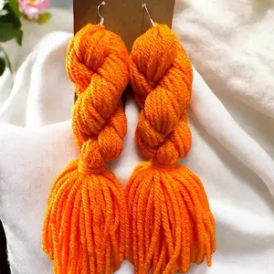 Beautiful Bright Orange Twisted Knot Yarn Tassel Pierced or Clip On Earrings with Vibrant Color and Unique Design. Handmade