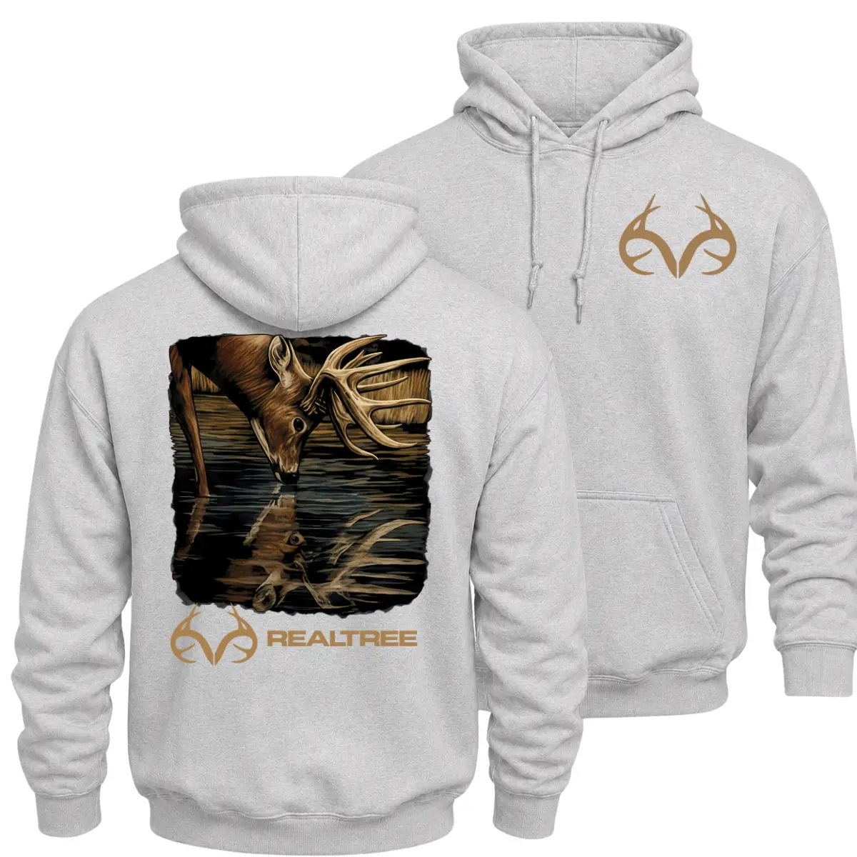 Realtree Whitetail Deer Hunting Hoodie, Buck Drinking Water Graphic Pullover, Front Chest Logo and Large Back Print Hunter Hoodie, Rustic Wildlife Outdoor Apparel, Fall Winter Hunting Gift for Men and Women