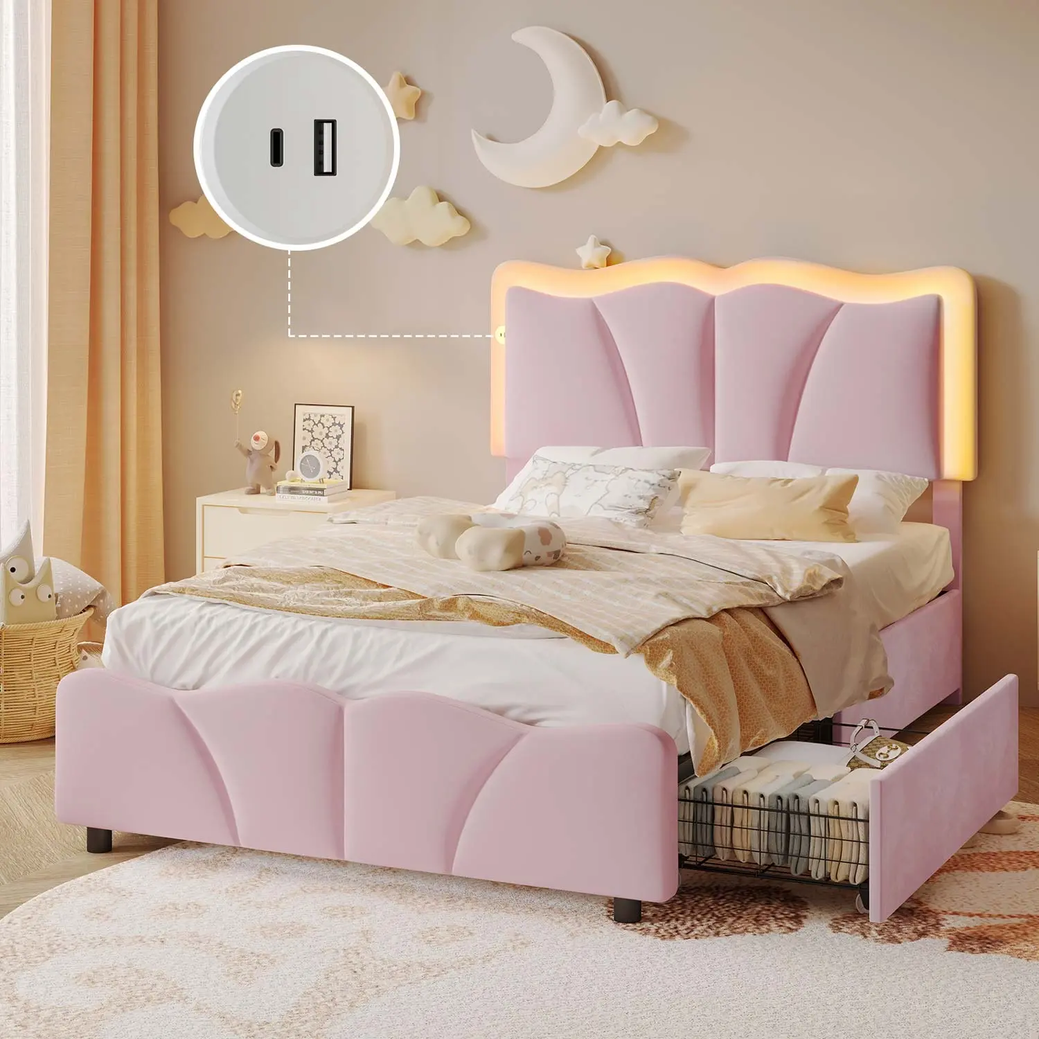 SIKAIC Pink Velvet Bed Frame with LED Lights & Drawers, Luxurious Upholstered Platform Bed with Charging Station for Girls Bedroom