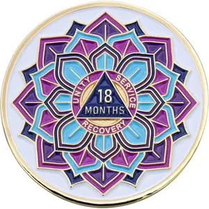1 to 50 Year 'in Bloom' Lotus Flower Sobriety Coin - Gold Plated AA Chips & Medallions - 18 Months Sobriety Coin - White/Gold