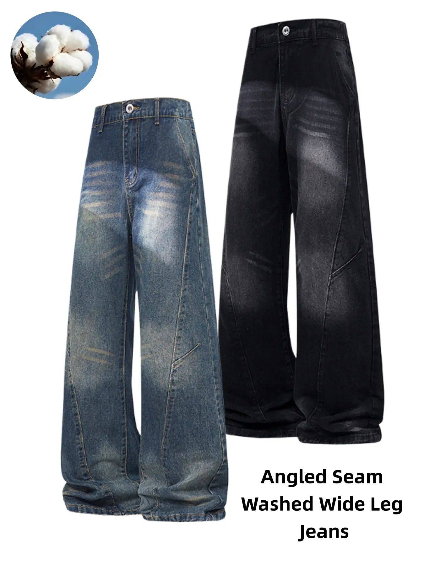 Men's Angled Seam Washed Wide Leg Jeans, Vintage Gradient Whisker Baggy Denim Pants, Diagonal Panel Spliced Loose Streetwear Trousers, Elastic Back Waist Oversized Casual Denim Bottoms For Skater Hip Hop Urban Trendy Outfits