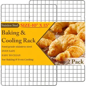 2PCS Cooking and Baking Cooling Racks - 10 inches x 15 inches Heavy-Duty Stainless Steel Wire Racks, Suitable for Baking, Grilling, Roasting - Oven and Dishwasher Safe - Compatible with Jelly Roll Silver Baking Sheets