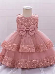 Pink Sequins Tulle Baby Girl Clothes Bow Infant Christening Cocktail Toddler Baptism Pageant Birthday Party Ball Gown Princess Dress for all Season 6 Months to 3 Years