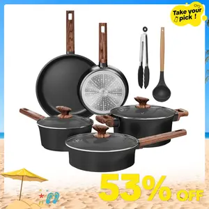 [Summer Vibes] Kitchen Academy 10 Pcs Induction Ceramic Cookware Set, Non Toxic Pots and Pans Set Non Stick, Healthy Nonstick Black Cooking Pans Set